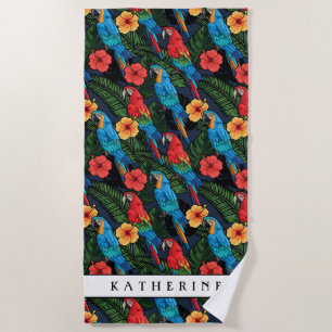 Add Your Name   Macaw And Hibiscus Pattern Beach Towel