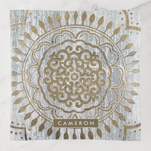 Add Your Name | Mandala Gold Design Trinket Tray (Front)