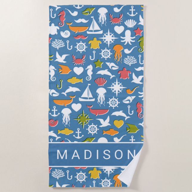 Add Your Name | Marine Symbols Pattern Beach Towel (Front)