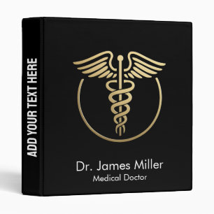 Add Your Name Medical Caduceus Symbol Black Gold 3 Ring Binder
