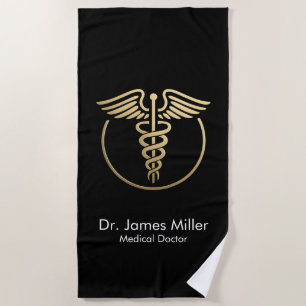 Add Your Name Medical Caduceus Symbol Black Gold Beach Towel