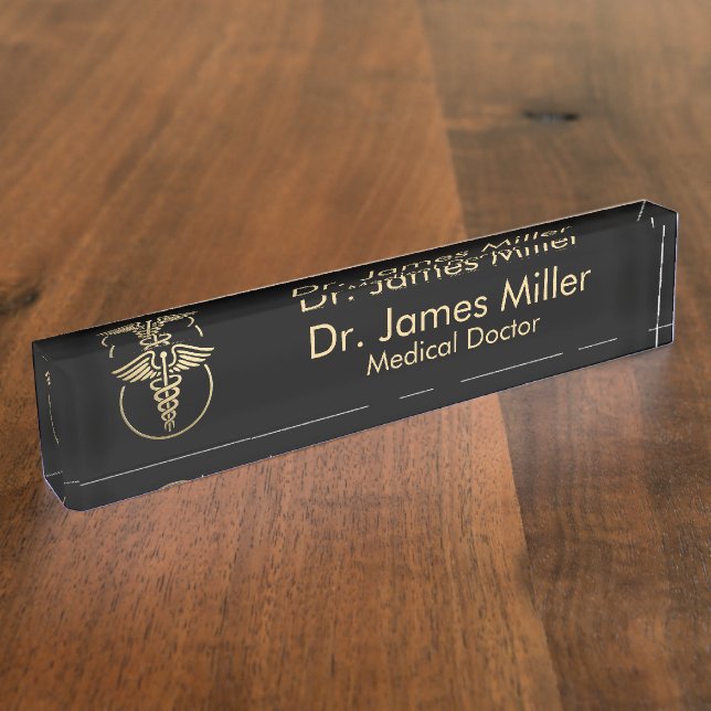 Add Your Name Medical Caduceus Symbol Black Gold   Desk Name Plate (Side)