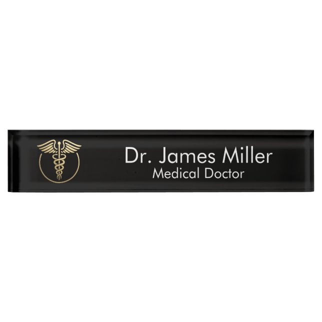 Add Your Name Medical Caduceus Symbol Black Gold   Desk Name Plate (Front)