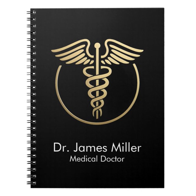 Add Your Name Medical Caduceus Symbol Black Gold Notebook (Front)