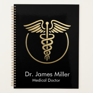 Add Your Name Medical Caduceus Symbol Black Gold Planner