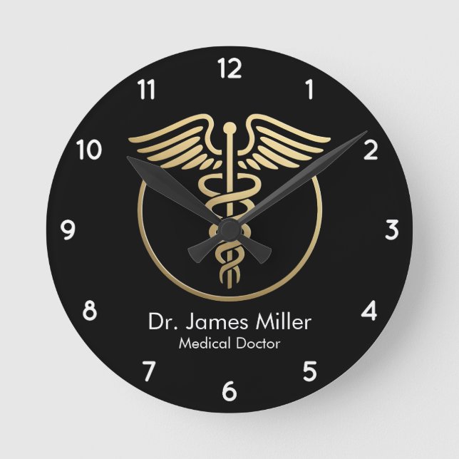 Add Your Name Medical Caduceus Symbol Black Gold Round Clock (Front)