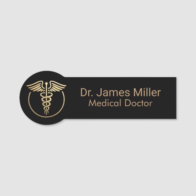 Add Your Name Medical Caduceus Symbol Black Gold   Tag (Front)