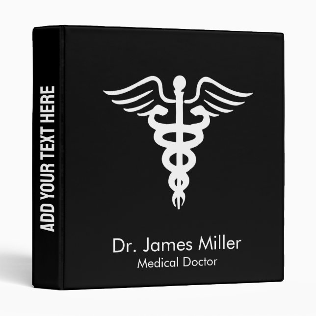 Add Your Name Medical Caduceus Symbol black white  3 Ring Binder (Front/Spine)