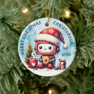 Add Your Name Merry Christmas Cute Robot Ceramic Ornament