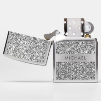 Add Your Name Metallic Silver Glitter Personalized Zippo Lighter