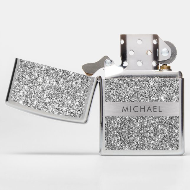 Add Your Name Metallic Silver Glitter Personalized Zippo Lighter (Opened)
