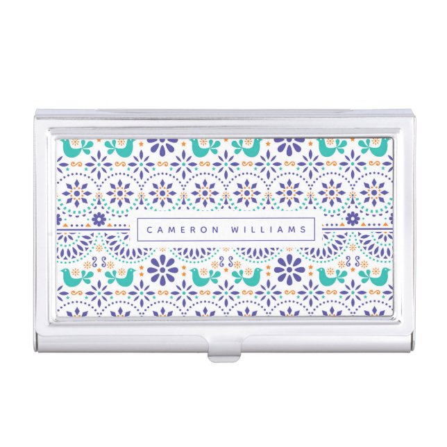 Add Your Name | Mexican Bird Tile Folk Art Pattern Business Card Case (Front)