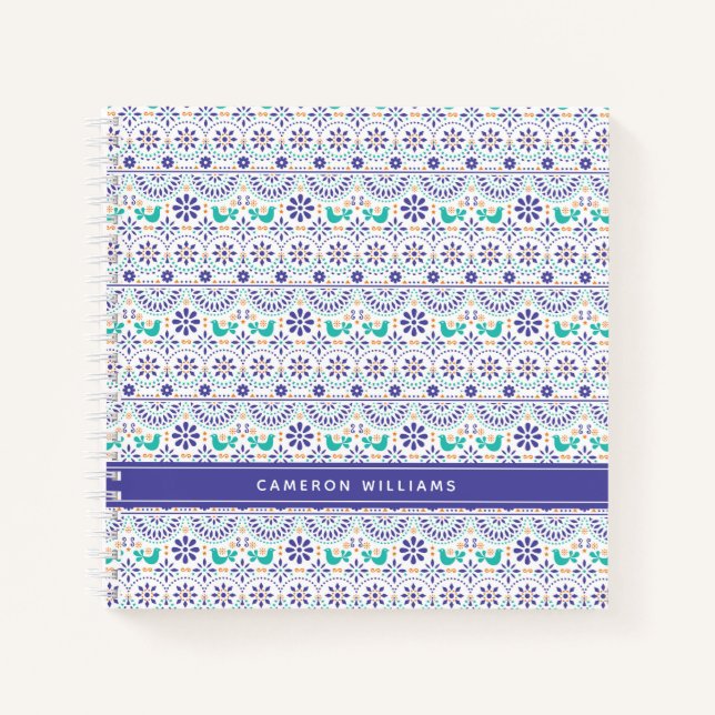 Add Your Name | Mexican Bird Tile Folk Art Pattern Notebook (Front)