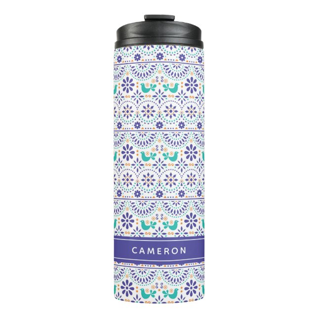 Add Your Name | Mexican Bird Tile Folk Art Pattern Thermal Tumbler (Front)