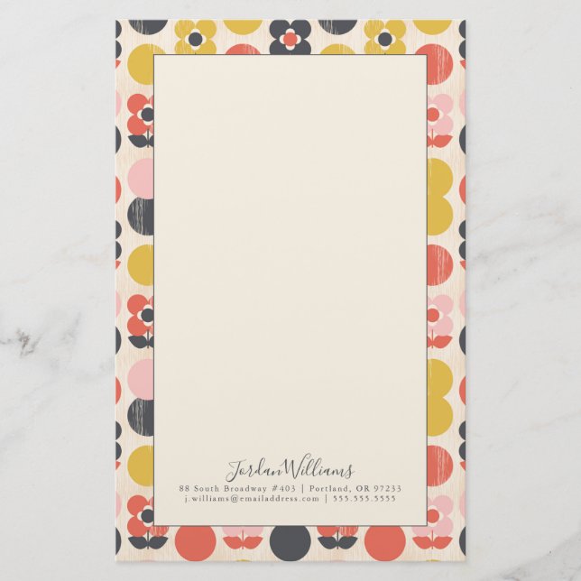 Add Your Name | Mid-Century Modern Flower Pattern Stationery (Front)