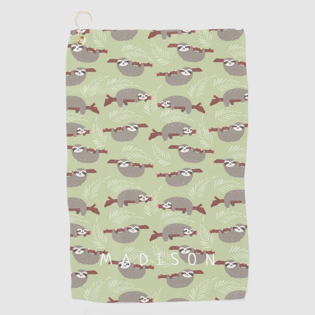 Add Your Name | Modern and Cute Sloth Pattern Golf Towel (Front)