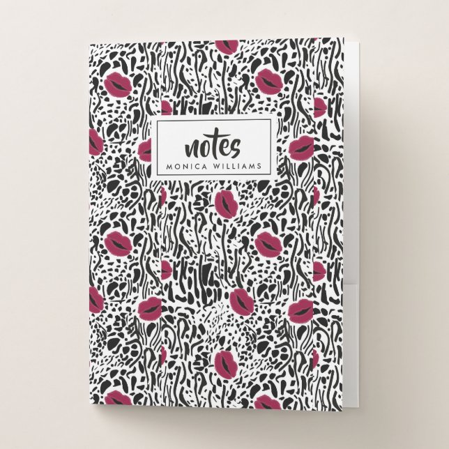Add Your Name | Modern Lipstick Lips B&W Pattern Pocket Folder (Front)