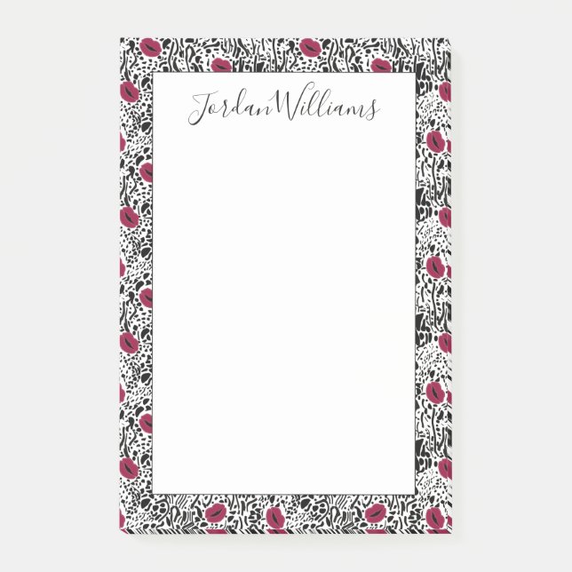 Add Your Name | Modern Lipstick Lips B&W Pattern Post-it Notes (Front)