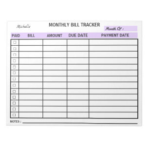 Add Your Name Monthly Bill Tracker Personalized  Notepad