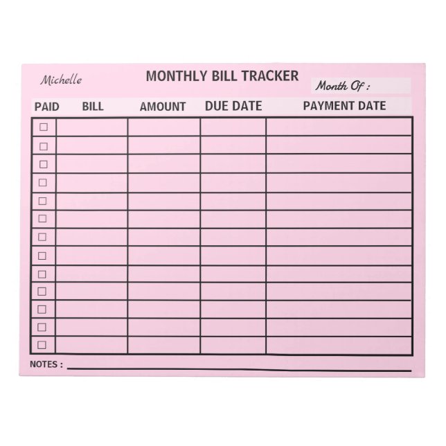 Add Your Name Monthly Bill Tracker Personalized  Notepad (Front)