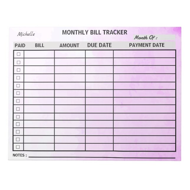 Add Your Name Monthly Bill Tracker Watercolor      Notepad (Front)