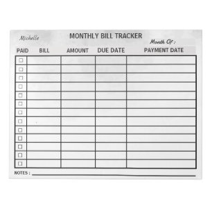 Add Your Name Monthly Bill Tracker Watercolor      Notepad