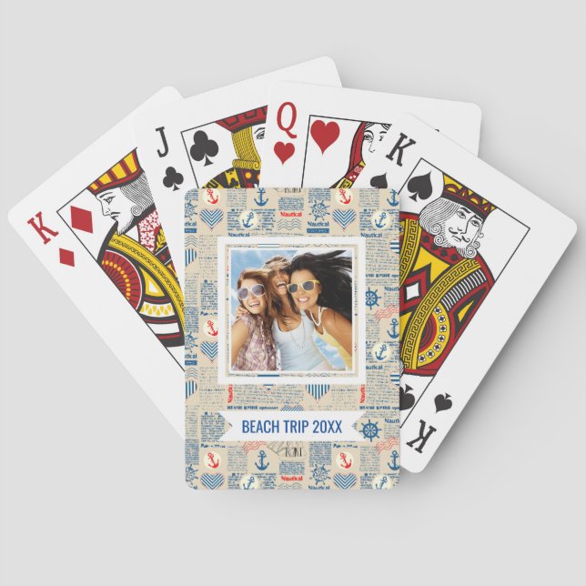 Add Your Name | Nautical Newspaper Pattern Poker Cards (Back)