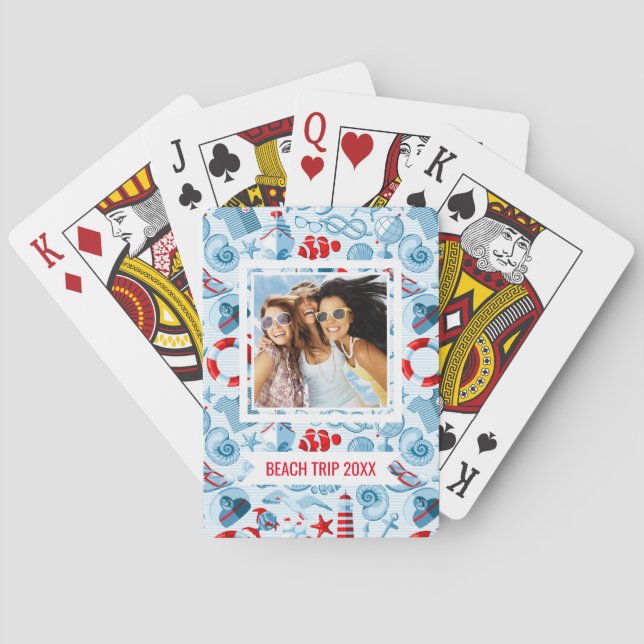 Add Your Name | Nautical Red White And Blue Poker Cards (Back)
