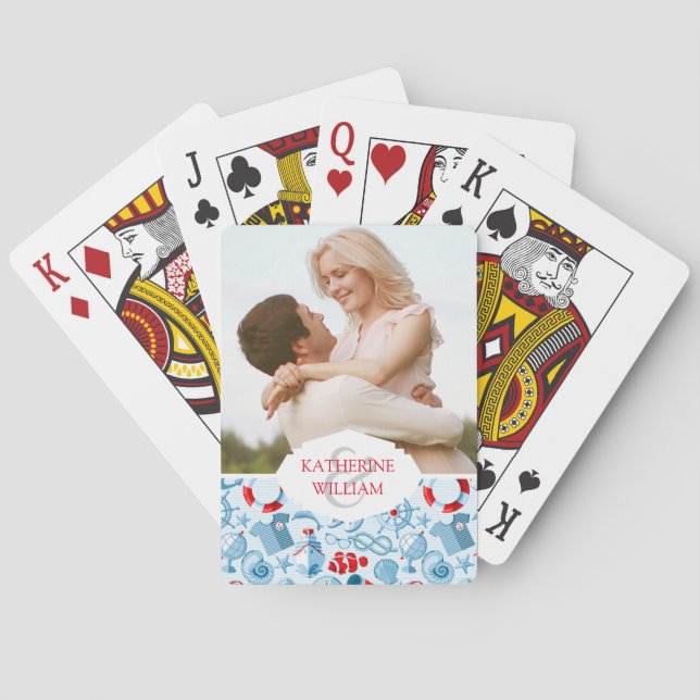 Add Your Name | Nautical Red White And Blue Poker Cards (Back)