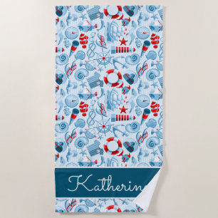 Add Your Name Nautical Red White & Blue Pattern Beach Towel