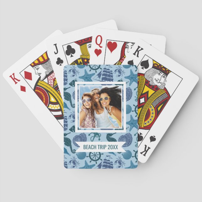 Add Your Name | Nautical Shades Of Blue Pattern Poker Cards (Back)