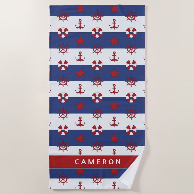 Add Your Name | Nautical Stars And Stripes Pattern Beach Towel (Front)