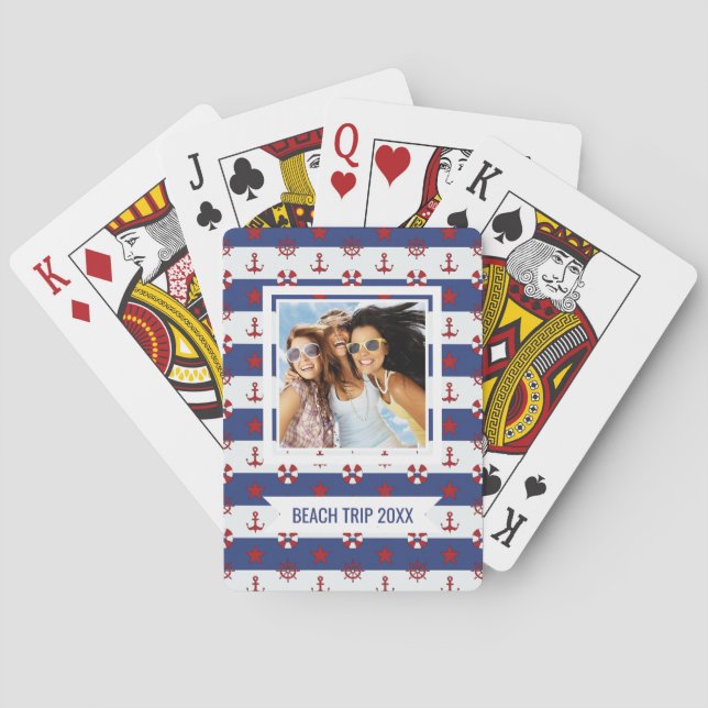 Add Your Name | Nautical Stars And Stripes Pattern Poker Cards (Back)