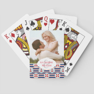 Add Your Name   Nautical Stripes And Dots Pattern Poker Cards