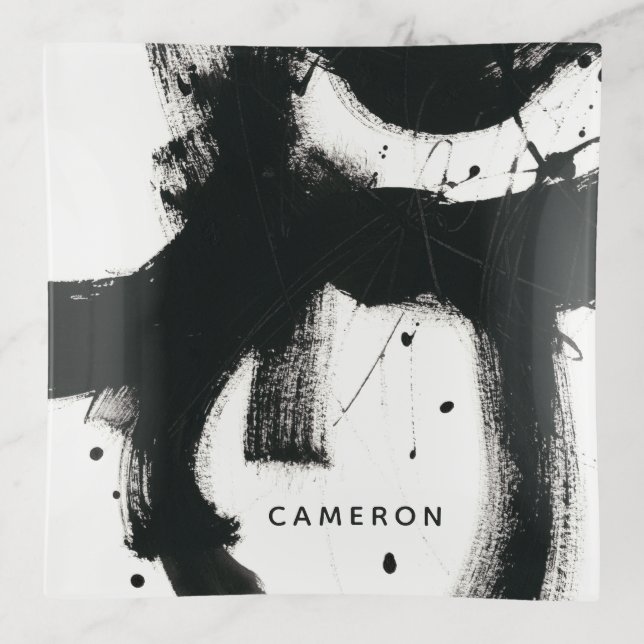 Add Your Name | Onyx Gesture - Black Paint Strokes Trinket Tray (Front)