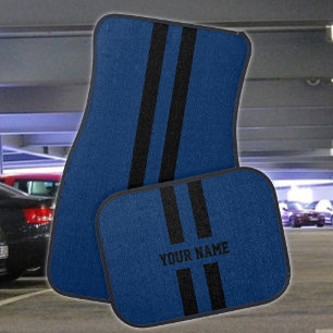 Add Your Name or Text, Black Stripes on Navy Blue Car Floor Mat