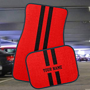 Add Your Name or Text, Black Stripes on Red Car Floor Mat