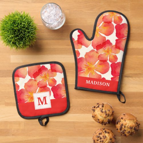 Add Your Name  Orange Oleander Floral Pattern Oven Mitt  Pot Holder Set