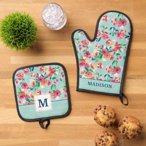Add Your Name  Painted Flowers Pattern Oven Mitt  Pot Holder Set