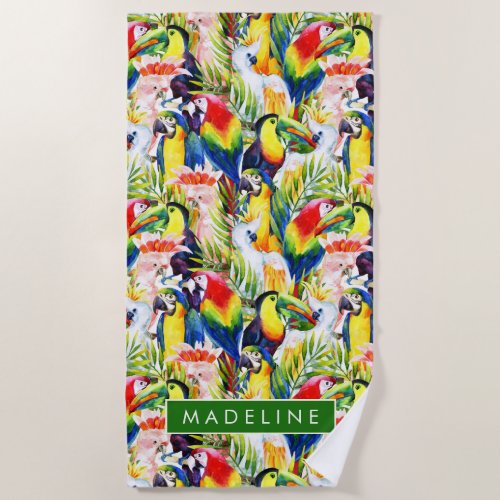 Add Your Name  Parrots And Palm Leaves Beach Towel