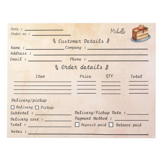Add Your Name Pastry Cupcake Bakery Order Form     Notepad (Front)