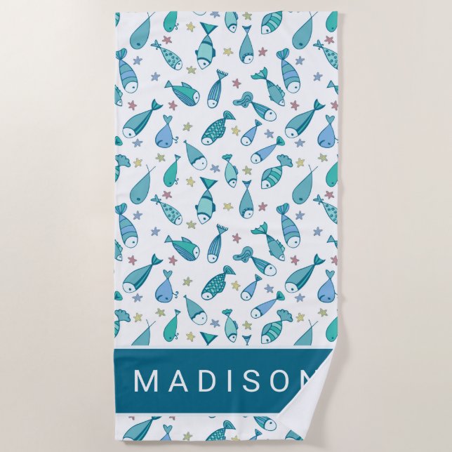 Add Your Name | Pattern With Fish And Starfish Beach Towel (Front)
