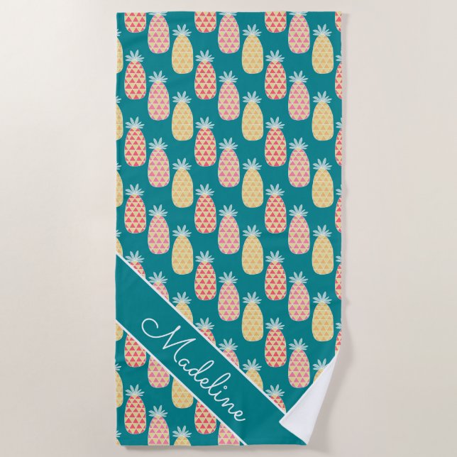 Add Your Name | Pineapple Doodle Pattern Beach Towel (Front)