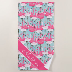 Add Your Name Pink And White Crowd Of Flamingos Beach Towel