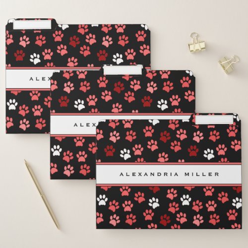 Add Your Name  Pink Black  White Puppy Paw Print File Folder