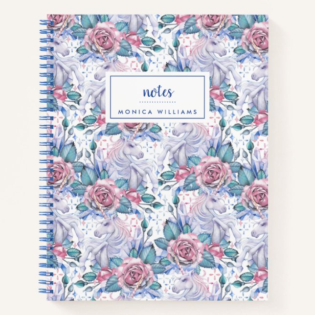 Add Your Name | Pink & Blue Rose Pattern Notebook (Front)