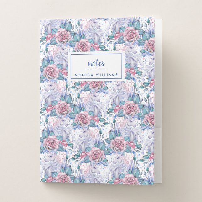 Add Your Name | Pink & Blue Rose Pattern Pocket Folder (Front)