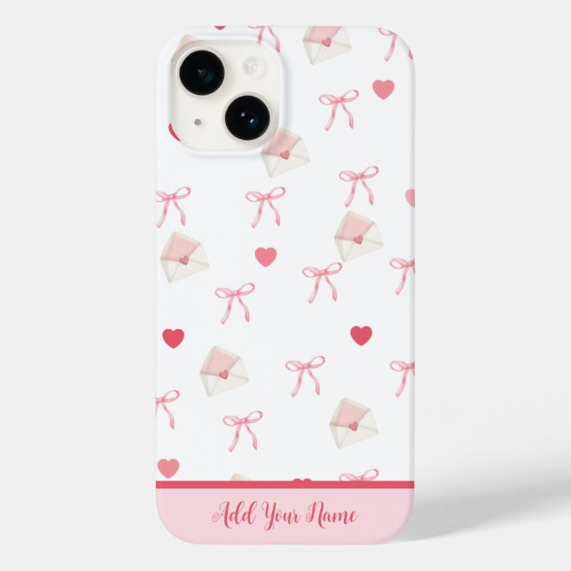 Add Your Name - Pink Girly Bow Heart iPhone Case (Back)
