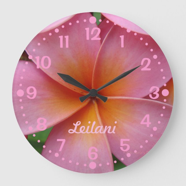 Add Your Name Pink Plumeria Flower Clock w/Minutes (Front)