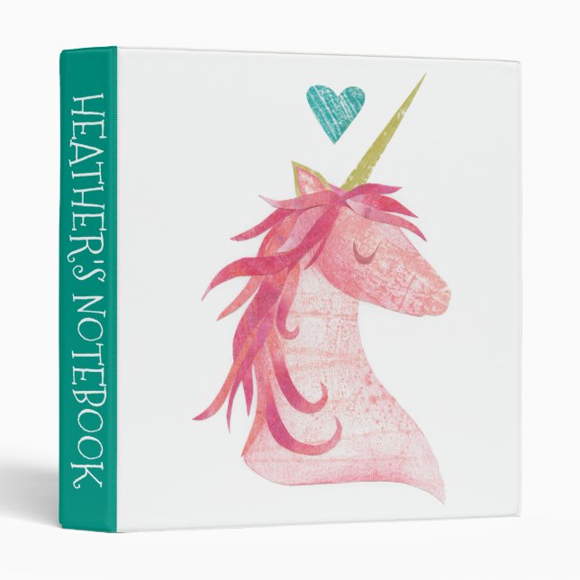 Add Your Name | Pink Unicorn Magic with Heart 3 Ring Binder (Front/Spine)